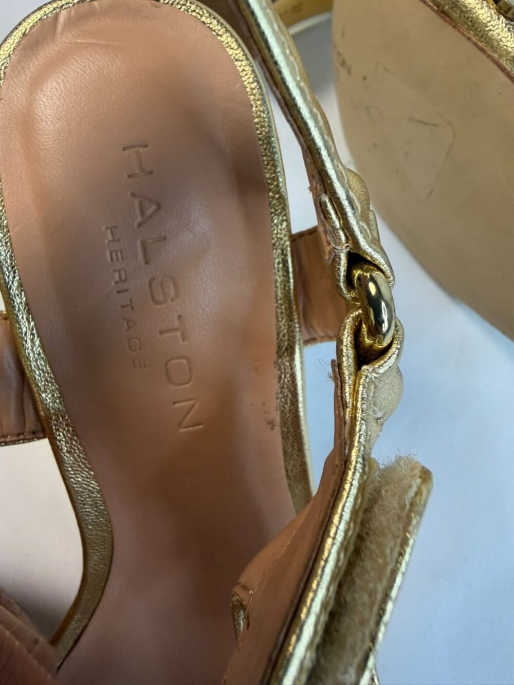 Halston Heritage Mica Sandal Womens Size 5.5M Gold & Bronze Studded Block Heel - Picture 12 of 15